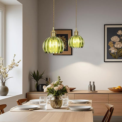 Mini Flower Glass Pendant Light Adjustable Hanging Lamp, Green Pendant Lights Kitchen Island Dining Room Hallway Bedroom Living Room, LED Bulb Included