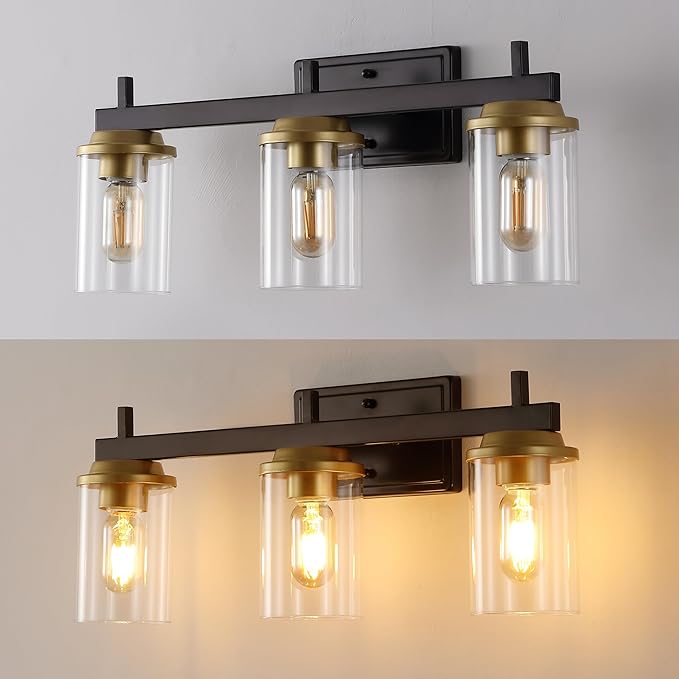 JONATHAN Y JYL1502B Liam 23.25" 3-Light Farmhouse Vanity Light with Bathroom Hardware Accessory Set, Oil Rubbed Bronze/Gold Painting (5-Piece) - Towel Bar & Ring, Toilet Paper Holder, Robe Hook