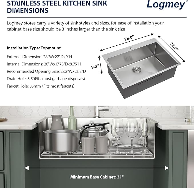 28 Inch Drop In Kitchen Sink Logmey 28x22x9 Inch Topmount Sinks 16-Gauge Stainless Steel Single Bowl Kitchen Sink