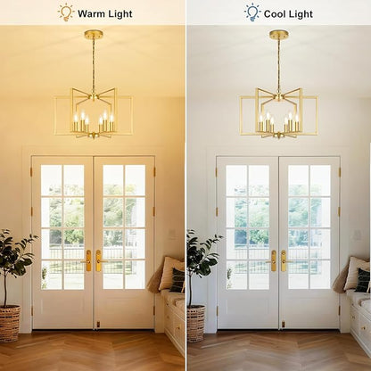 6 Light Gold Chandelier, Dining Room Light Fixture, Modern Farmhouse Industrial Metal Geometric Ceiling Light Rustic Hanging Pendant Lights with E12 base for Kitchen Island Entryway Foyer, Indoor
