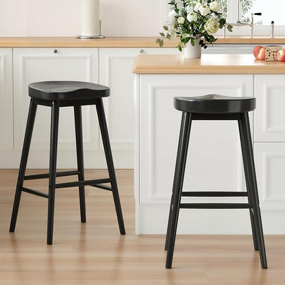 30.3'' Solid Wood Bar Stools, Set of 2, Backless Seat Counter Stools with Footrests, Rustic Bar Chairs for Kitchen Island Dining Room