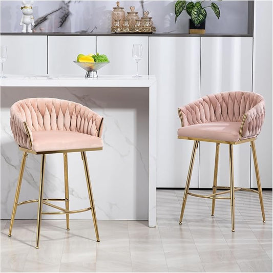 26'' Counter Height bar stools Set of 2 Kitchen Island Counter bar Stool with Hand- Wave Back, Golden Chromed Base and footrest,for Living Room