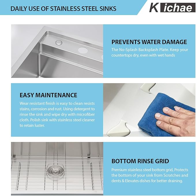 Kichae Drop In Kitchen Sink Waterfall - 33x22 Drop Sink Stainless Steel 16 Gauge Luxury Ledge Workstation Deep Single Bowl Topmount Overmount Sinks Splash Guard Design Handmade Basin