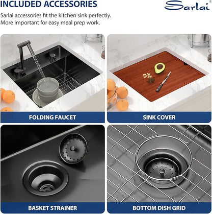 Sarlai Black Undermount Bar Sink - 21x19 Inch Outdoor Kitchen Sink RV Workstation Gunmetal Black 16 Gauge Stainless Steel Single Bowl Handmade Outdoor BBQ Sinks With Foldable Faucet