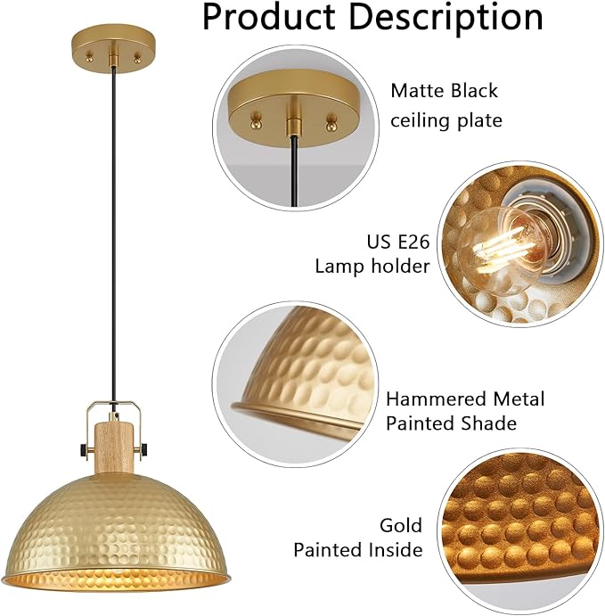 12 Inch Gold Pendant Lights Hammered Matte Pendant Lights for Kitchen Island Industrial Farmhouse Adjustable Height Dome Hanging Light Fixtures for Barn, Dining Room 2 Packs