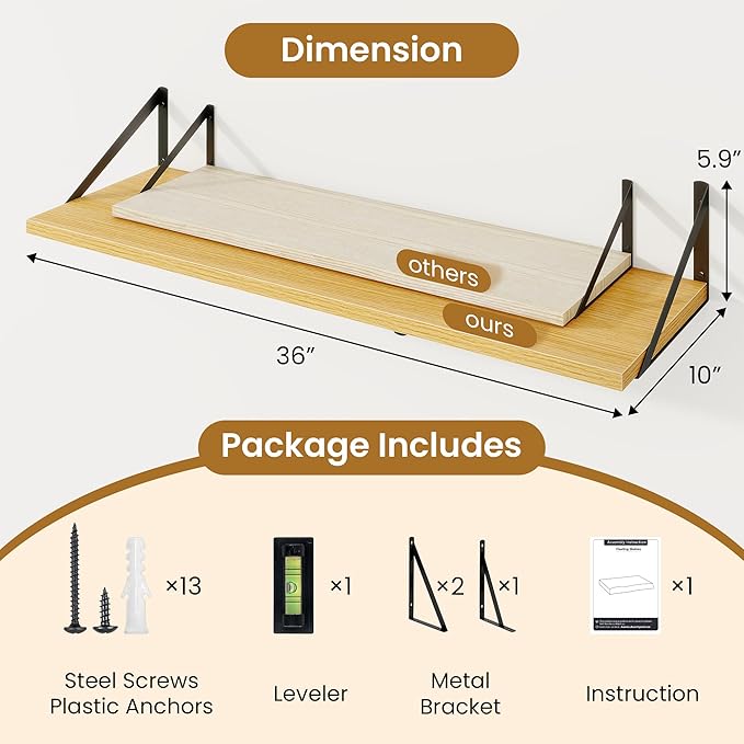 Acovy Deep Floating Shelves for Wall,36" Wx10 D Wood Wall Shelves with Metal Brackets,Hanging Storage Floating Shelf for Living Room,Bedroom,Bathroom,Office,Kitchen,Oak
