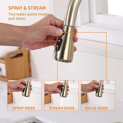 Touchless Faucet with Pull Down Sprayer, Motion Sensor & Soap Dispenser - Single High Arc Pull Out Faucet for Kitchen Sink, RV, Gold