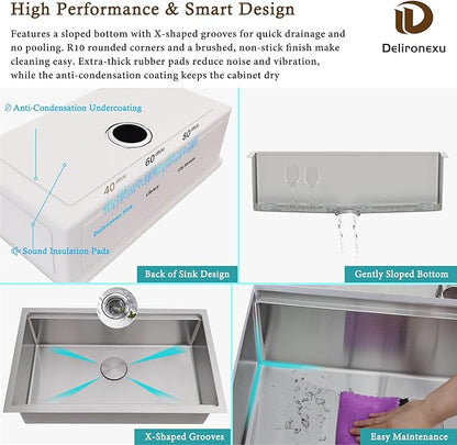 32x19 Undermount Kitchen Sink, Delironexu 32 Inch Kitchen Sink Workstation, 16 Gauge 304 Stainless Steel Undermount Kitchen Sink Single Bowl with Accessories