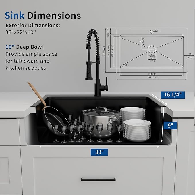 36 Inch Farmhouse Black Sink, 16 Gauge 304 Stainless Steel Farm Sinks, Drop In Topmount Single Bowl Workstation Sink with all Accessories, 36" x 22" x 10" Deep Kitchen Sink