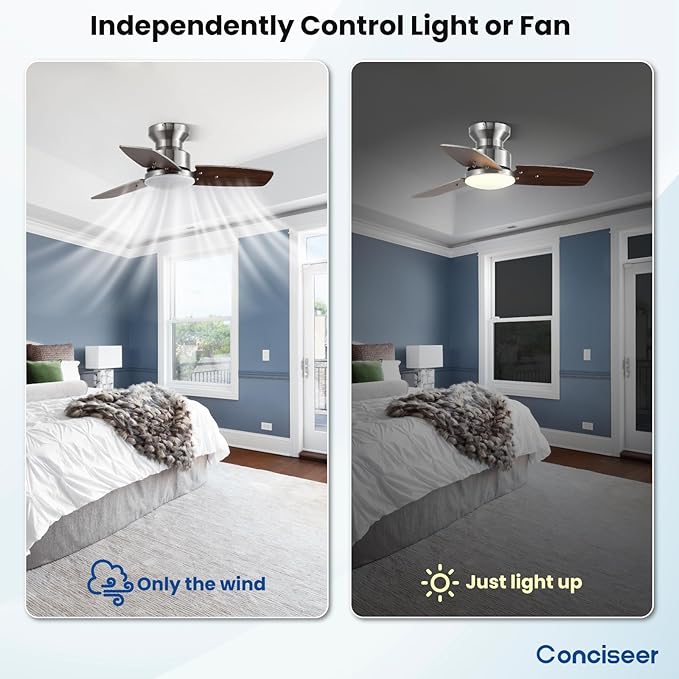 30 Inch Ceiling Fans with Lights and Remote, Bedroom Living Room Office, Flush Mount, 3CCT Dimmable, Dual Color 3 Blades 6 Speed Reversible Quiet DC Motor, Sand-Nickel/Wood Grain, 2 Pack