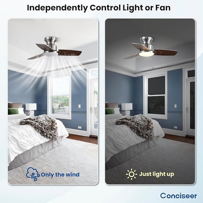 30 Inch Ceiling Fans with Lights and Remote, Bedroom Living Room Office, Flush Mount, 3CCT Dimmable, Dual Color 3 Blades 6 Speed Reversible Quiet DC Motor, Sand-Nickel/Wood Grain, 2 Pack