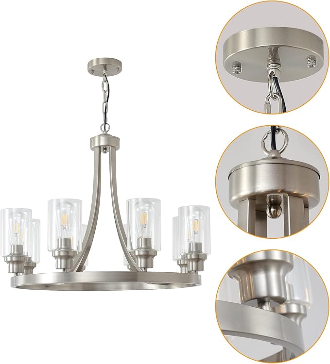 Modern Brushed Nickel Chandelier 8 Lights, Dining Room Lighting Fixtures Farmhouse Chandelier Hanging Industrial Pendant Lighting for Kitchen Island Dining Room