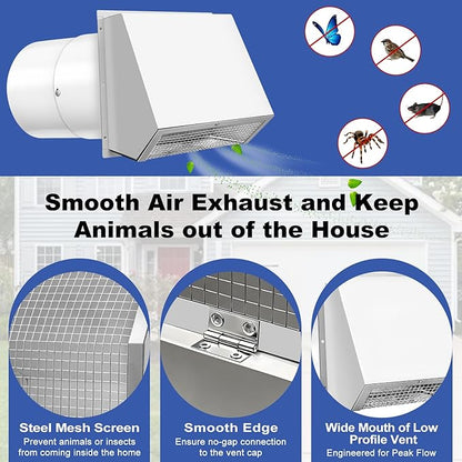 8 Inch Hooded Wall Vent with Screen and Damper, 8 Inch Range Hood Wall Vent Cap, Wall Exhaust Vent Cover, Outdoor Hooded Wall Vent for Dryer Vent, Range Hood, Kitchen, White