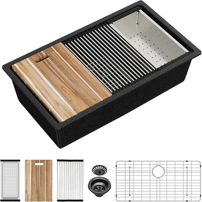 Kichae 33 Granite Composite Kitchen Sink - 33"x19" Granite Kitchen Sink Ledge Workstation Undermount Black Quartz 10" Deep Under Counter Single Bowl Sink Basin