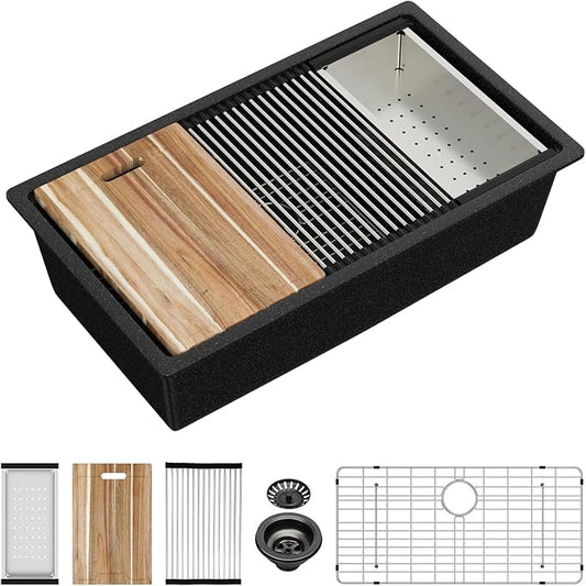 Kichae 32 Granite Composite Kitchen Sink - 32"x19" Granite Kitchen Sink Ledge Workstation Undermount Black Quartz 10" Deep Under Counter Single Bowl Sink Basin