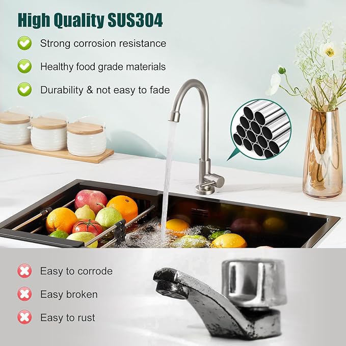 Heyalan Brushed Nickel Kitchen Faucet Cold Water Only 1 Hole Single Handle 360 Degree Swivel Spout Deck Mount High Arc SUS304 Sink Bar Tap Goose Neck with Hose and Longer Thread Pipe