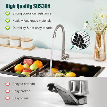 Heyalan Brushed Nickel Kitchen Faucet Cold Water Only 1 Hole Single Handle 360 Degree Swivel Spout Deck Mount High Arc SUS304 Sink Bar Tap Goose Neck with Hose and Longer Thread Pipe