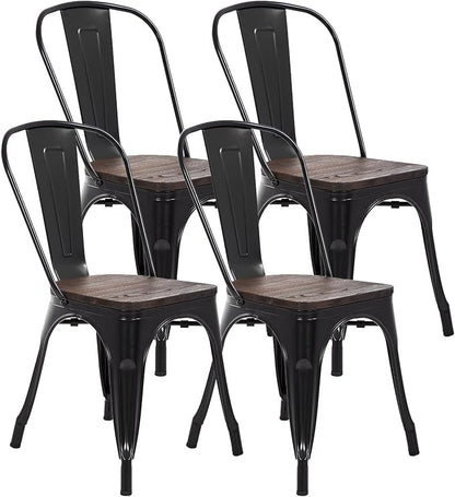 FDW | Metal Dining Chairs with Wooden Seat | Set of 4 | Black | Stackable Tolix Side Chairs with Backrest | Scratch-Resistant | Non-Slip Feet | Indoor/Outdoor Use | 330 lbs | for Dining & Kitchen