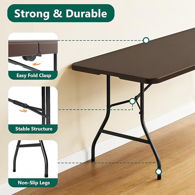 Folding Table 6FT Heavy Duty Plastic Table with Handle, Foldable&Portable, Fold-in-Half Utility Tables for Outdoor, Dining, Wedding, Events, Indoor, Picnic, Camping, Party,Brown