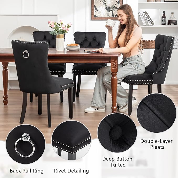 Eifizek Velvet Dining Chairs Set of 2, Tufted Dining Room Chairs with Nailhead Ring Pull Trim, Upholstered Dining Chairs with Solid Wood Legs for Kitchen Dining Room (Black)
