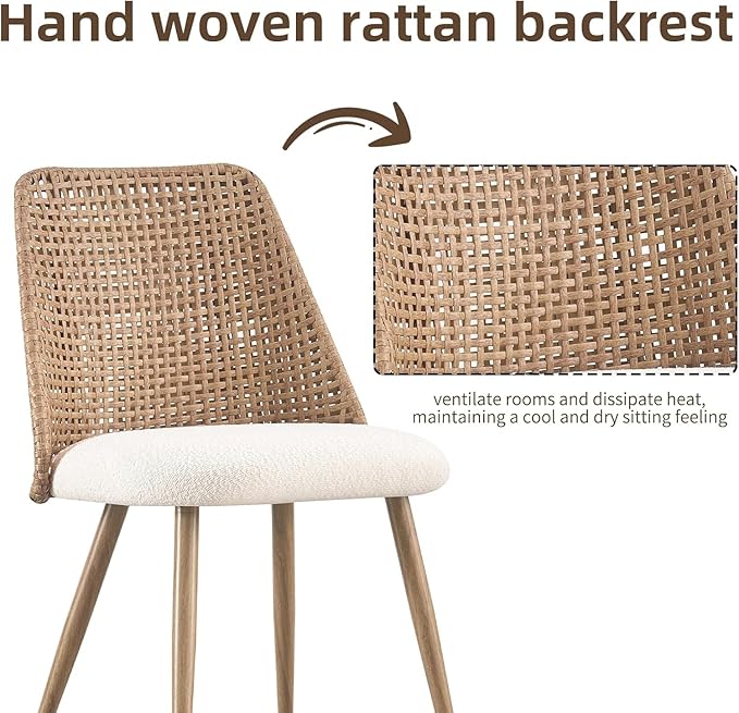 Rattan Dining Chairs, Upholstered Dining Chairs with Armless and PE Cane Backrest, Mid Century Modern Dining Room Chairs with Metal Legs for Kitchen Island,Set of 4