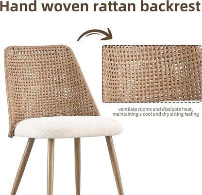 Rattan Dining Chairs, Upholstered Dining Chairs with Armless and PE Cane Backrest, Mid Century Modern Dining Room Chairs with Metal Legs for Kitchen Island,Set of 4