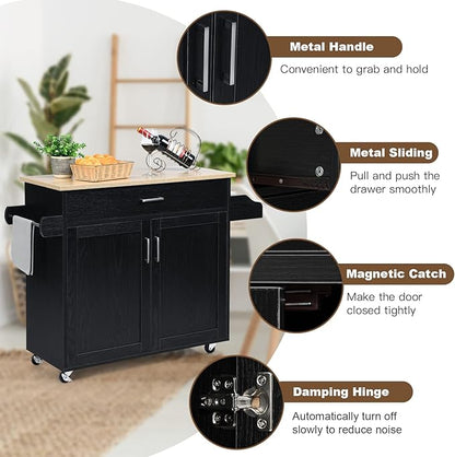 PETSITE Kitchen Island Cart with Storage Cabinet on Wheels, Spice Rack Towel Rack & Drawer (Black)