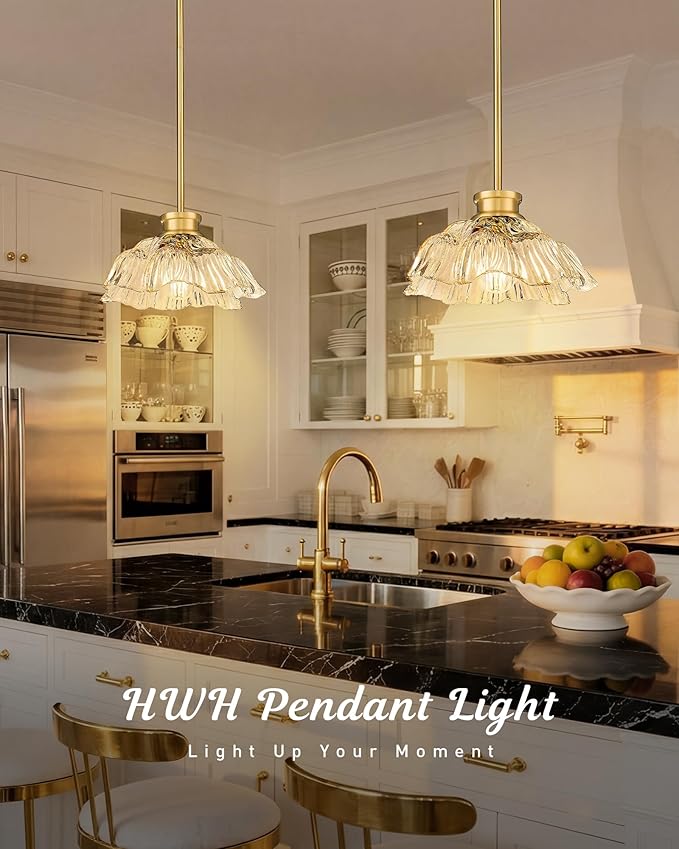 Gold Pendant Light, HWH Kitchen Island Lighting for Living Rooms, Dining Room, Modern Pendant Light Fixture with Clear Flower Glass, Brushed Gold Finish, 5HJX112MIL BG