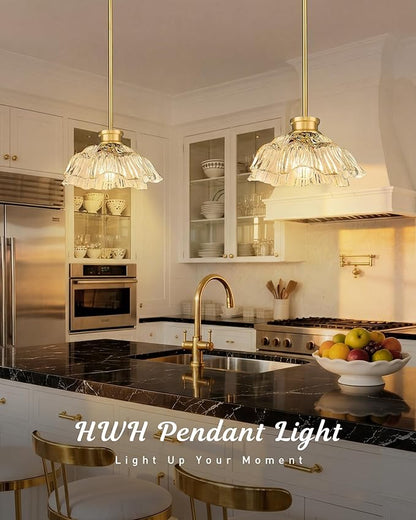 Gold Pendant Light, HWH Kitchen Island Lighting for Living Rooms, Dining Room, Modern Pendant Light Fixture with Clear Flower Glass, Brushed Gold Finish, 5HJX112MIL BG