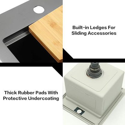 LQS Matte Black Stainless Steel Sink Drop In, 16” x 18” Black Small Laundry Sink, Prep Sink with Cutting Board Drop In, Black Kitchen Sinks with Workstation Ledge For RV, Outdoor and Prep Use