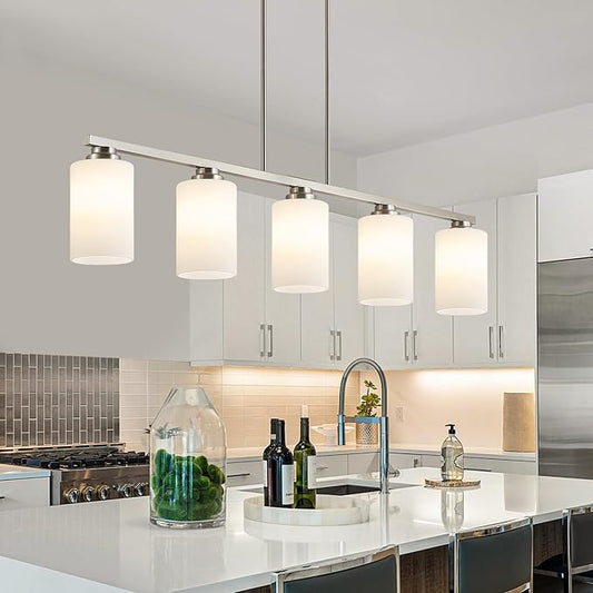 Mecgirn Island Light for Kitchen, Brushed Nickel Dining Room Light Fixture Over Table with Milk Glass Shade, 5-Light Linear Chandelier Pendant Lighting for Dining Table Kitchen Island Living Room