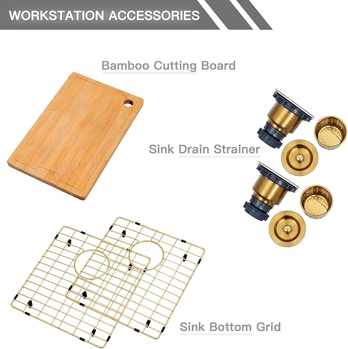 MILOSEN Gold Farmhouse Kitchen Sink, 33x20x10 Inch 50/50 Double Bowl Apron Front Undermount Sink, Gold Stainless Steel Workstation Farm Sinks with Ledge & Accessories, 10'' Deep Handmade Kitchen Sinks