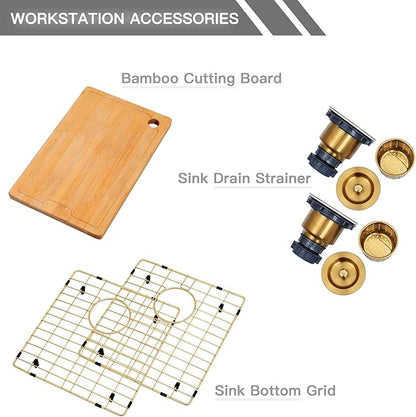 MILOSEN Gold Farmhouse Kitchen Sink, 33x20x10 Inch 50/50 Double Bowl Apron Front Undermount Sink, Gold Stainless Steel Workstation Farm Sinks with Ledge & Accessories, 10'' Deep Handmade Kitchen Sinks