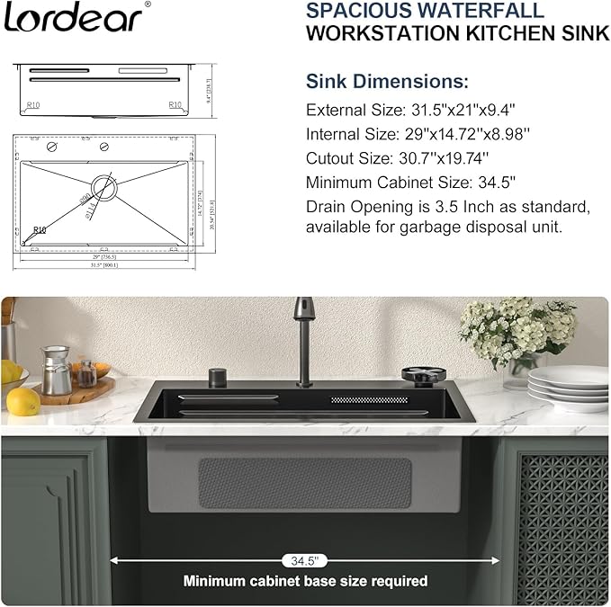 Lordear 31 Inch Drop In Waterfall Kitchen Sink with Faucet 31x20 Black Kitchen Sink Ledge Workstation Gunmetal Black 16 Gauge Single Bowl Topmount Handmade Sinks with Cup Washer