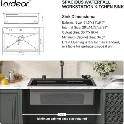 Lordear 31 Inch Drop In Waterfall Kitchen Sink with Faucet 31x20 Black Kitchen Sink Ledge Workstation Gunmetal Black 16 Gauge Single Bowl Topmount Handmade Sinks with Cup Washer