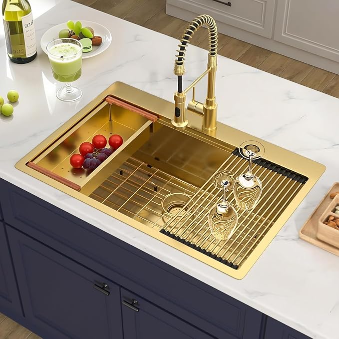 Gold Kitchen Sink 33" X 22",Drop In/Top Mount 16 Gauge Stainless Steel Workstation Sink,Deep & Large Single Bowl Kitchen Sinks (Gold, 33" X 22")