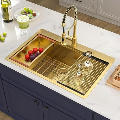 Gold Kitchen Sink 33" X 22",Drop In/Top Mount 16 Gauge Stainless Steel Workstation Sink,Deep & Large Single Bowl Kitchen Sinks (Gold, 33" X 22")