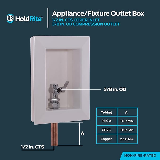 Holdrite Appliance Fixture Outlet Box with 3/8 Inch OD Compression Outlet, Pre-Assembled, 1/2 Inch CTS Copper Tailpiece, HR-AF-M-1