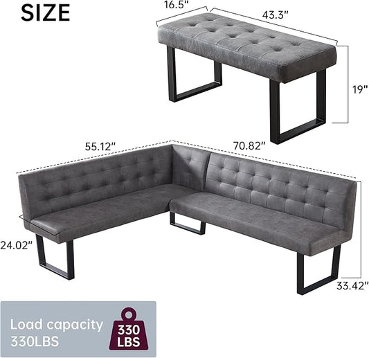 HIPIHOM Modern L-Shaped Dining Bench, Vintage Fabric Upholstered Corner Sofa with Metal Legs for Kitchen Nook, Living Room, Dining Room (Right Seat)