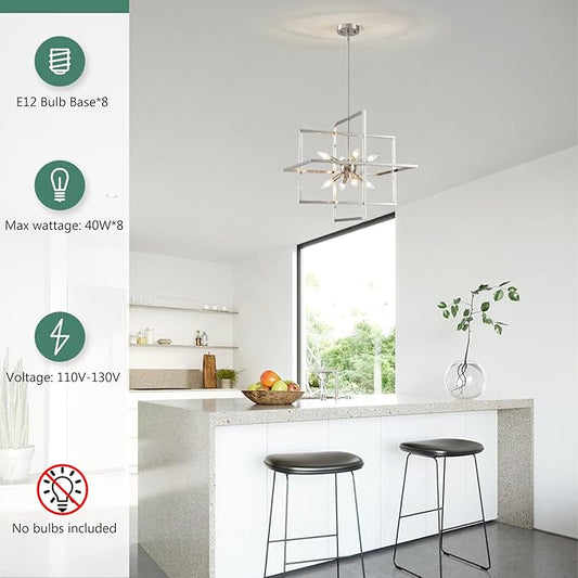Modern Chandelier, 8-Light Geometric Ceiling Light Fixture, 22" Height Adjustable Brushed Nickel Lamp for Foyer, Stairway, Living Room