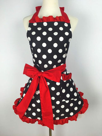 Hyzrz Cute Apron Retro Black Polka Dot Retro Ruffle Side Vintage Cooking Aprons with Pockets for Women Girls (Side Red)