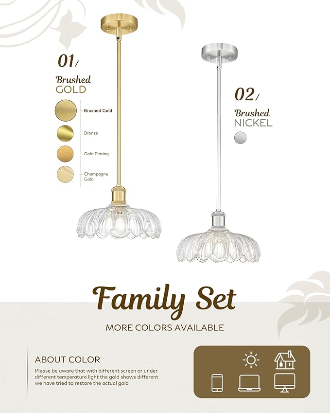 FEMILA 2 Pack Vintage Light Fixtures, Flower Glass Pendant Lights Kitchen Island, Brushed Gold Antique Chandelier, Hanging Light Fixture for Bedroom Hotel Living Room, 4FJX82MIL-2PK BG