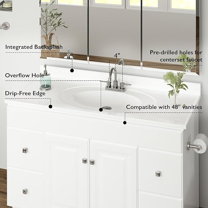 Design House Cultured Marble Vanity Top, 49 in W x 22 in D, Integrated 4 in Centerset Oval Sink & Backsplash, Solid White, 586255