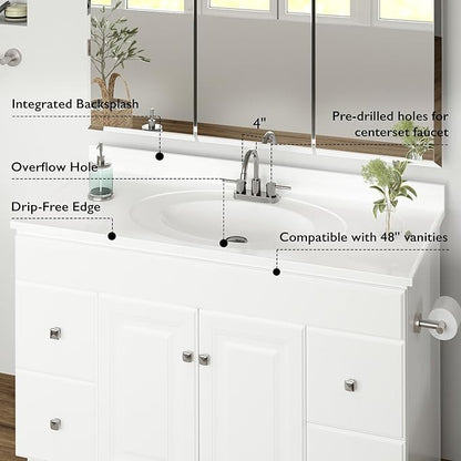 Design House Cultured Marble Vanity Top, 49 in W x 22 in D, Integrated 4 in Centerset Oval Sink & Backsplash, Solid White, 586255