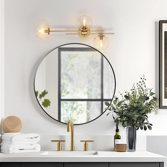 KSANA Gold Sconces Wall Lighting, Modern 3-Light Bathroom Vanity Light Fixtures with Globe Clear Glass Shade Over Mirror or Beside for Hallway, Bedroom, Living Room and Kitchen