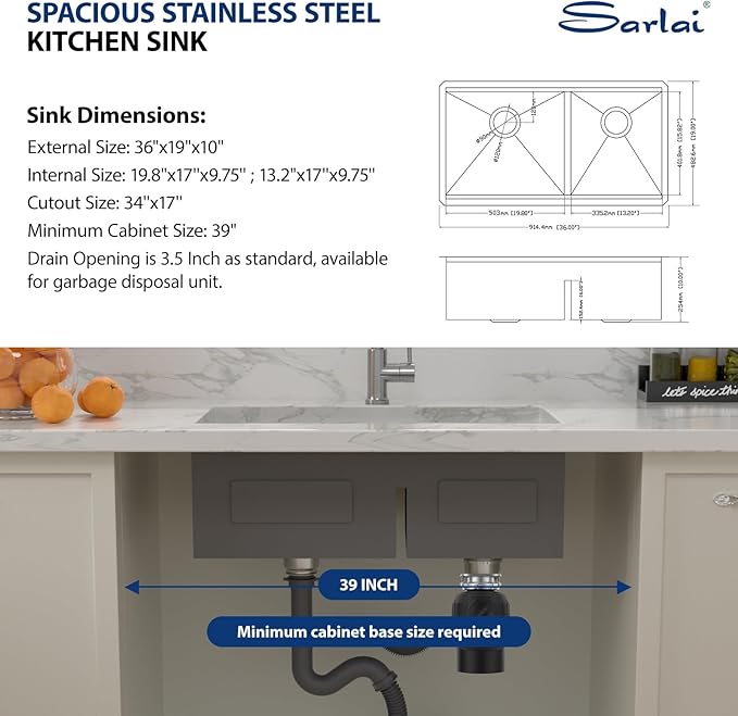 Sarlai 36 Undermount Kitchen Sink Double Bowl- 36 x 19 Inch Kitchen Sink Ledge Workstation Stainless Steel 16 Gauge Double Basin 60/40 Low Divide Under Counter Kitchen Sinks Basin