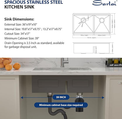 Sarlai 36 Undermount Kitchen Sink Double Bowl- 36 x 19 Inch Kitchen Sink Ledge Workstation Stainless Steel 16 Gauge Double Basin 60/40 Low Divide Under Counter Kitchen Sinks Basin