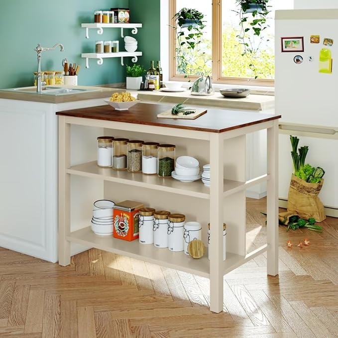 JIJIWANG Solid Wood Rustic 3-Piece 45" Stationary Kitchen Island Set with 2 Seatings, Rubber Wood Butcher Block Dining Table Set Prep Table Set with 2 Open Shelves for Small Places,Walnut+Cream White