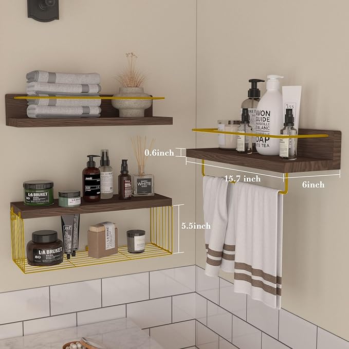 PopiShelves Bathroom Shelves Over Toilet for Wall, Floating Shelves with Storage Basket Paper Holer for Kitchen Living Room, Bedroom & Classroom, Set of 3 (Brown and Gold)