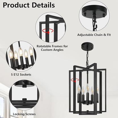 LynPon 12.4" Modern Black Chandelier, 5 Lights Farmhouse Chandelier Foyer Lighting Fixtures Rustic Hanging Pendant Light for Dining Room Kitchen Living Room Bedroom Hallway Stairway Entryway